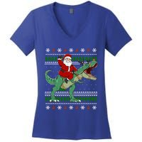 Santa Riding Dino Funny Christmas Ugly Gift Women's V-Neck T-Shirt