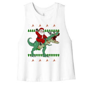 Santa Riding Dino Funny Christmas Ugly Gift Women's Racerback Cropped Tank