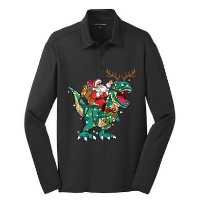 Santa Riding Dinosaur T Rex Deer Christmas Silk Touch Performance Long Sleeve Polo