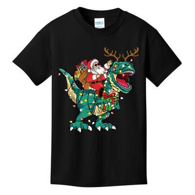 Santa Riding Dinosaur T Rex Deer Christmas Kids T-Shirt