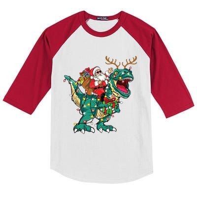 Santa Riding Dinosaur T Rex Deer Christmas Kids Colorblock Raglan Jersey