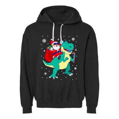 Santa Riding Dinosaur Christmas T Rex Rawr Boy Gift Garment-Dyed Fleece Hoodie