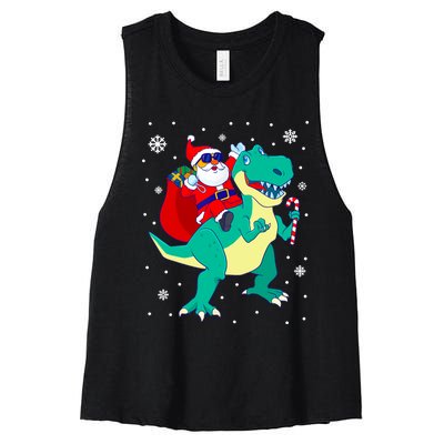 Santa Riding Dinosaur Christmas T Rex Rawr Boy Gift Women's Racerback Cropped Tank