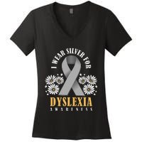 Silver Ribbon Dyslexia Awareness Dyslexia Teacher Dyslexia Women's V-Neck T-Shirt