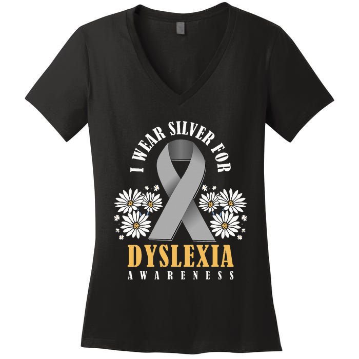 Silver Ribbon Dyslexia Awareness Dyslexia Teacher Dyslexia Women's V-Neck T-Shirt