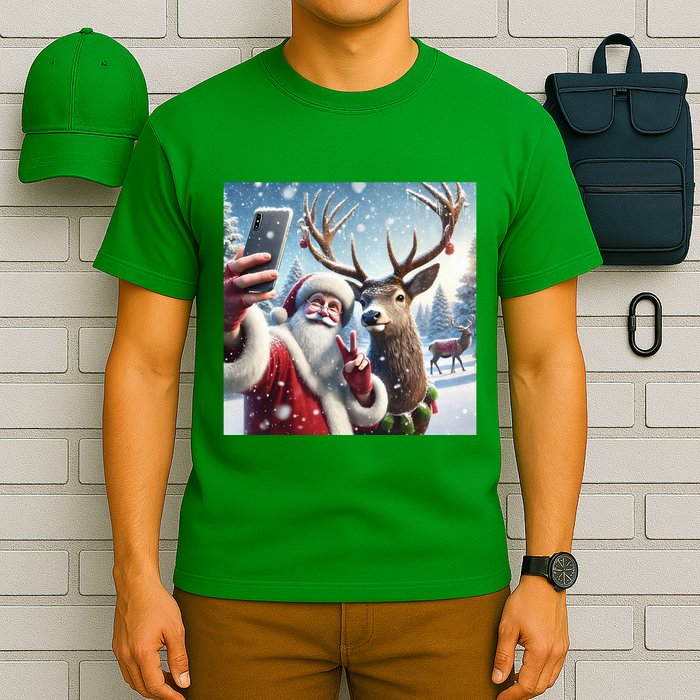 Surprise Rain Deer Selfie Santa T-Shirt