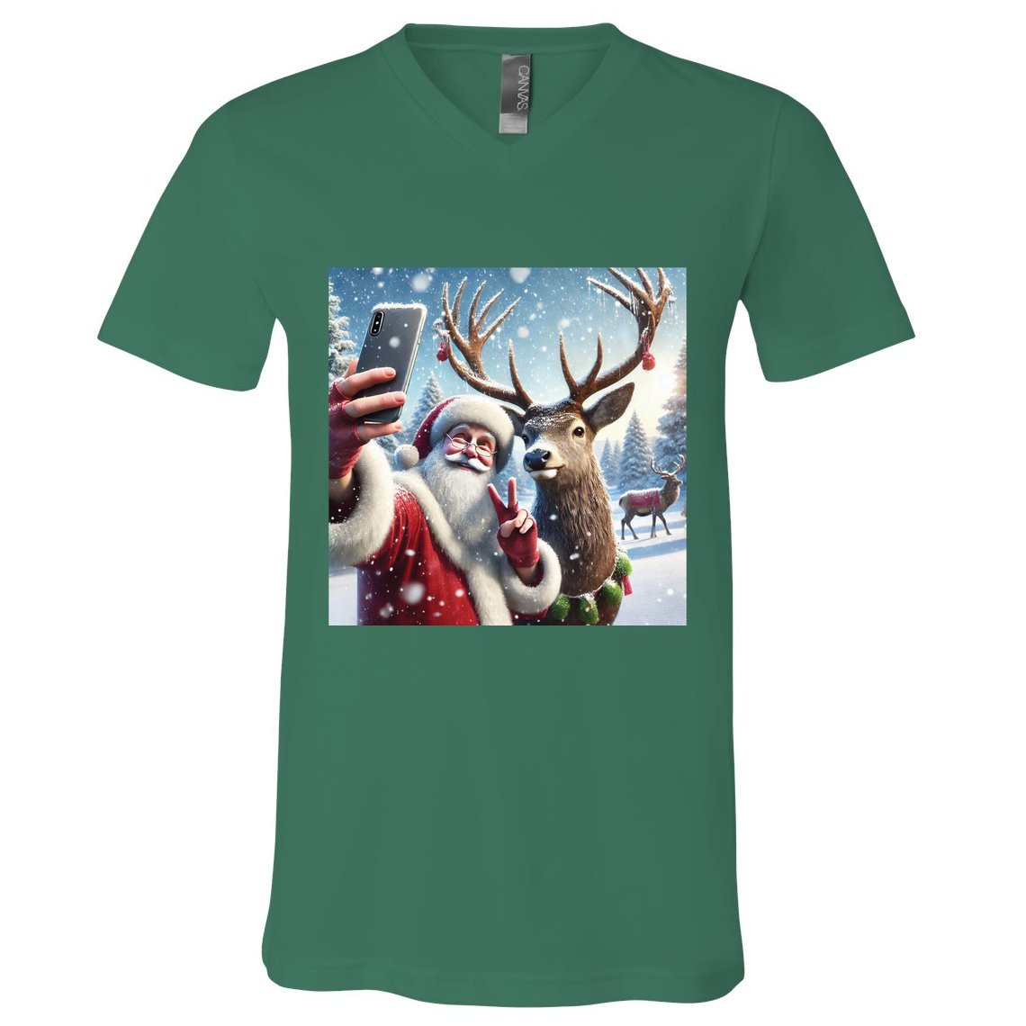 Surprise Rain Deer Selfie Santa V-Neck T-Shirt