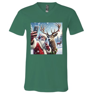 Surprise Rain Deer Selfie Santa V-Neck T-Shirt