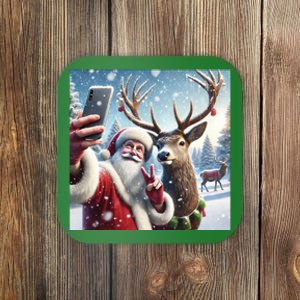 Surprise Rain Deer Selfie Santa Coaster