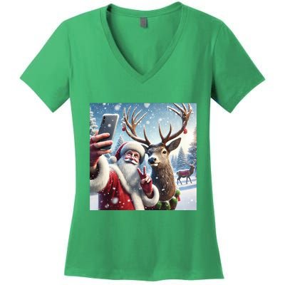 Surprise Rain Deer Selfie Santa Women's V-Neck T-Shirt