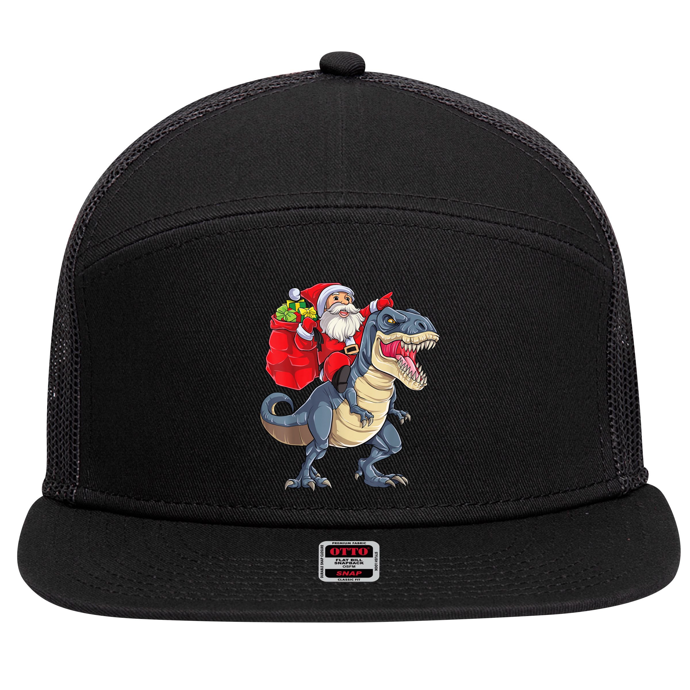 Santa Riding Dinosaur T Rex ChristmasBoys Men Xmas 7 Panel Mesh Trucker Snapback Hat