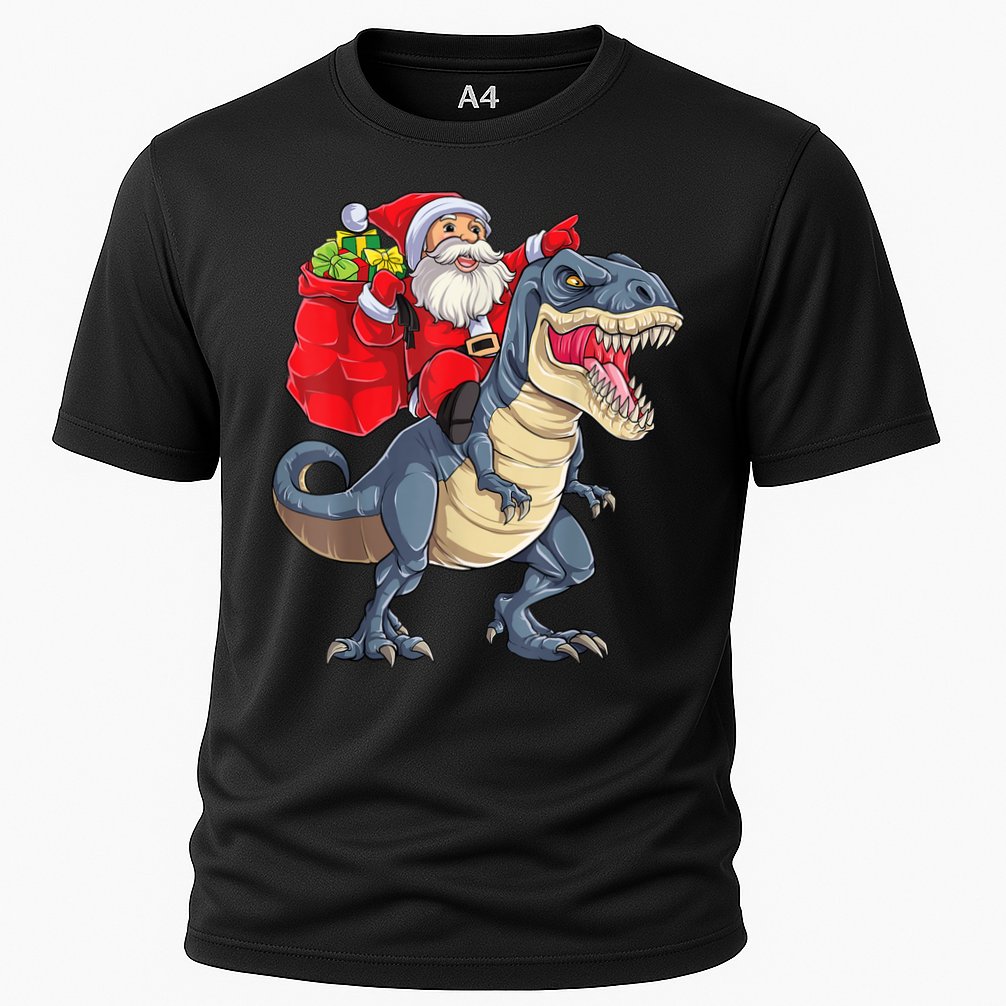 Santa Riding Dinosaur T Rex ChristmasBoys Men Xmas Cooling Performance Crew T-Shirt