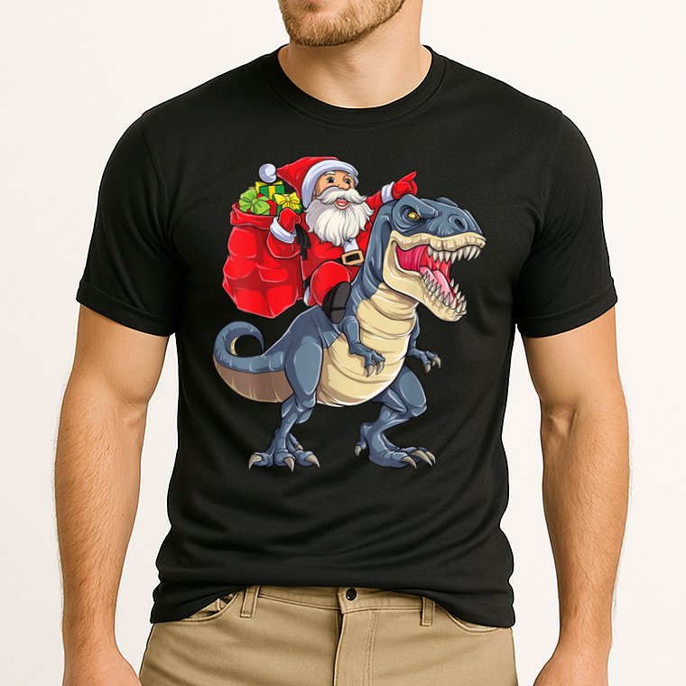 Santa Riding Dinosaur T Rex ChristmasBoys Men Xmas Cooling Performance Crew T-Shirt