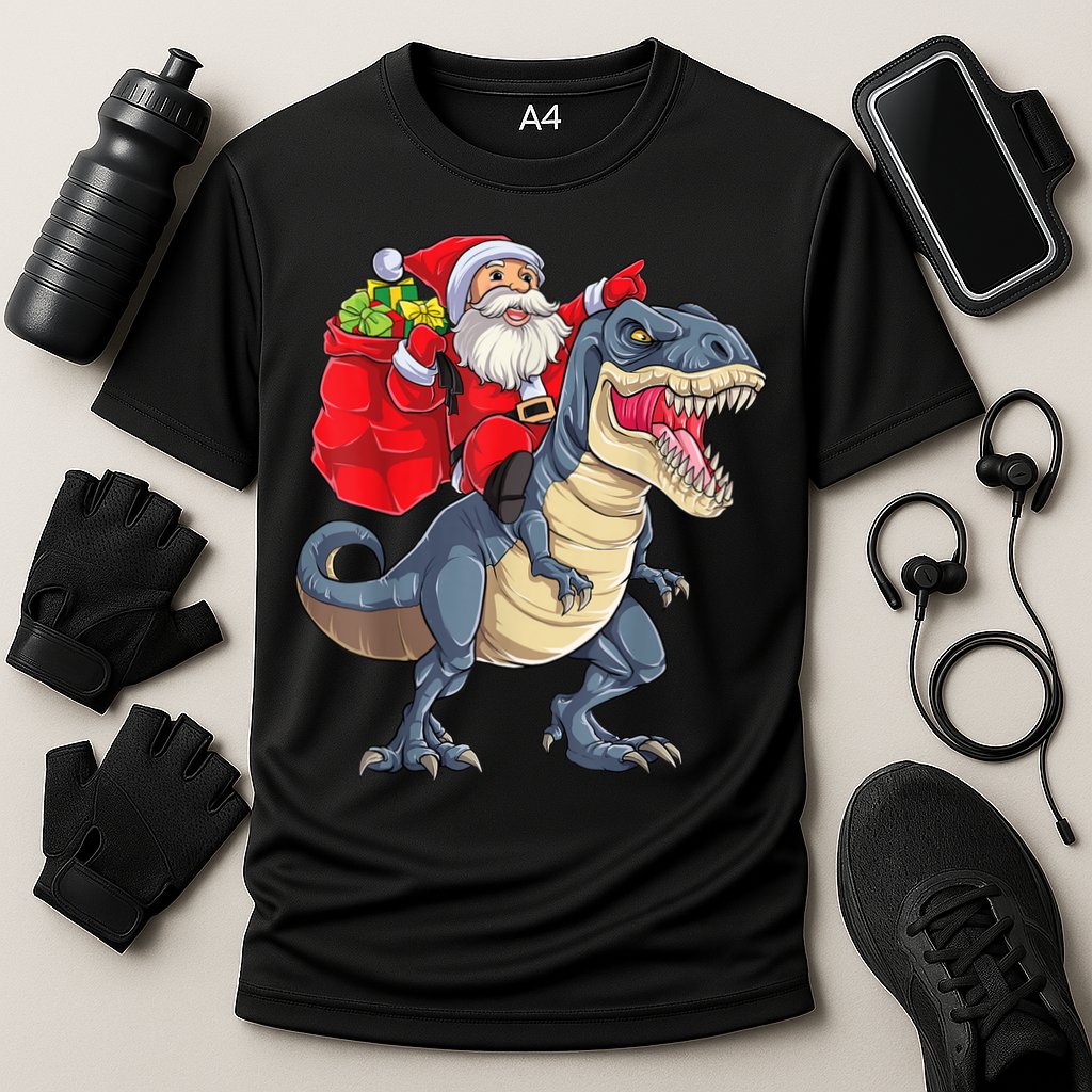 Santa Riding Dinosaur T Rex ChristmasBoys Men Xmas Cooling Performance Crew T-Shirt