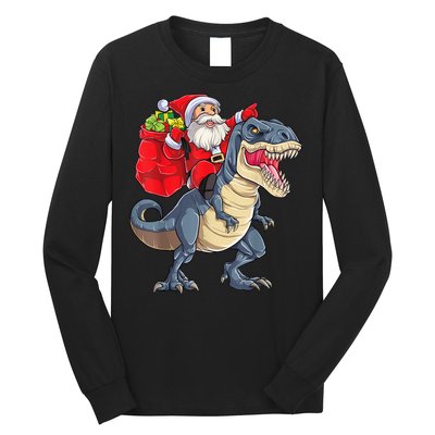 Santa Riding Dinosaur T Rex ChristmasBoys Men Xmas Long Sleeve Shirt