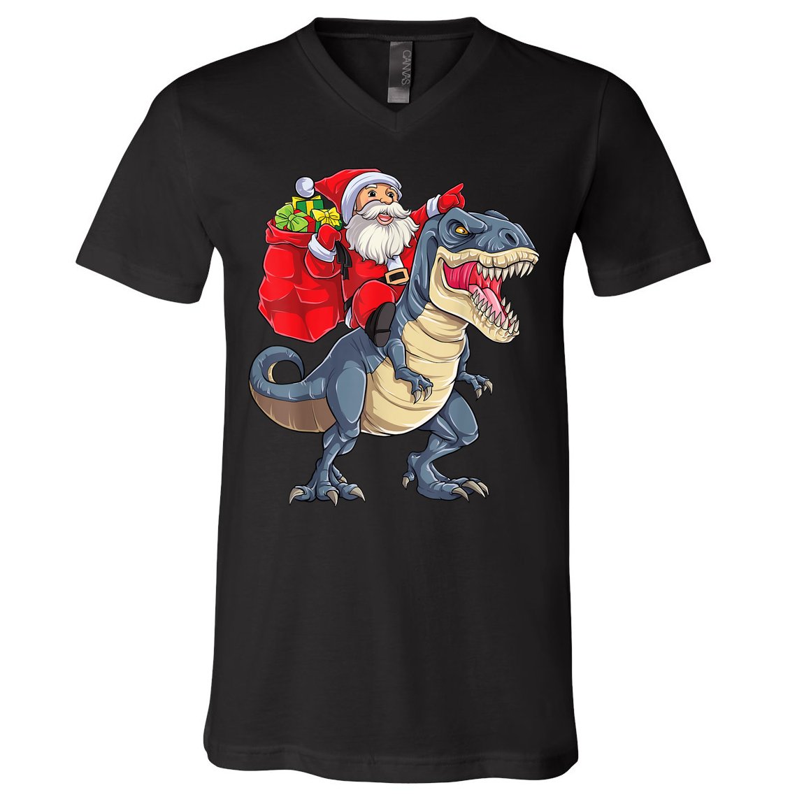 Santa Riding Dinosaur T Rex ChristmasBoys Men Xmas V-Neck T-Shirt