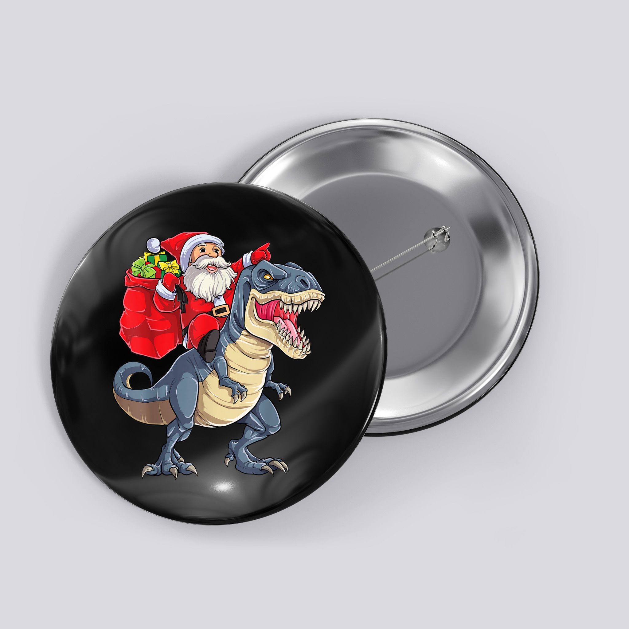 Santa Riding Dinosaur T Rex ChristmasBoys Men Xmas Button