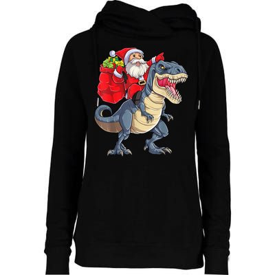 Santa Riding Dinosaur T Rex ChristmasBoys Men Xmas Womens Funnel Neck Pullover Hood