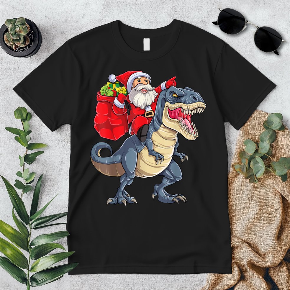 Santa Riding Dinosaur T Rex ChristmasBoys Men Xmas Premium T-Shirt