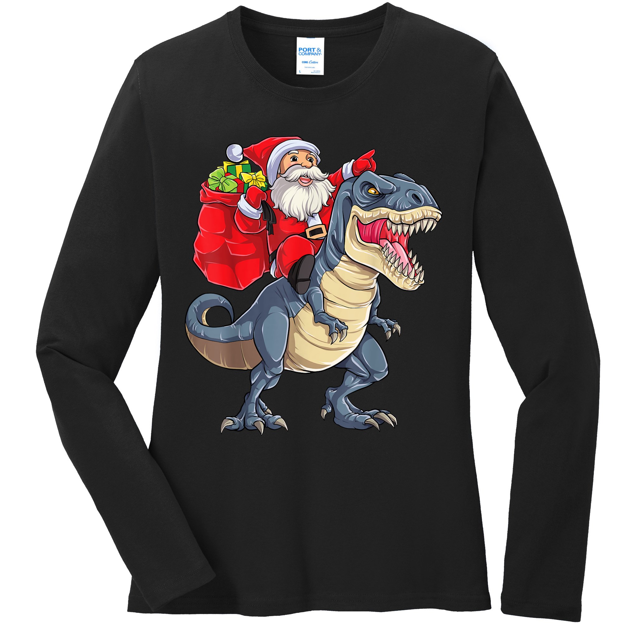 Santa Riding Dinosaur T Rex ChristmasBoys Men Xmas Ladies Long Sleeve Shirt