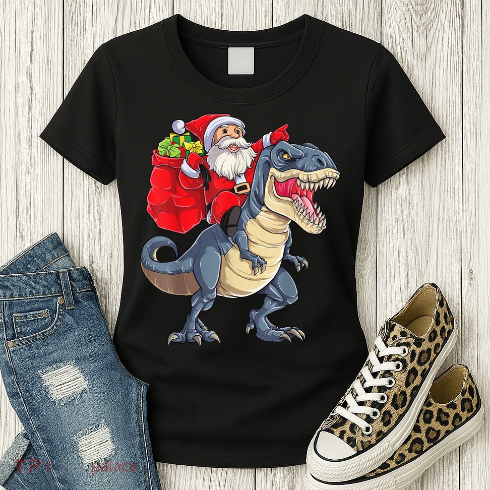 Santa Riding Dinosaur T Rex ChristmasBoys Men Xmas Womens T-Shirt