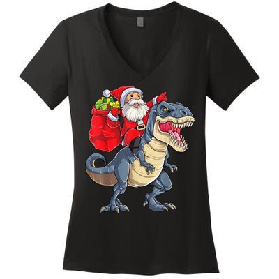 Santa Riding Dinosaur T Rex ChristmasBoys Men Xmas Women's V-Neck T-Shirt