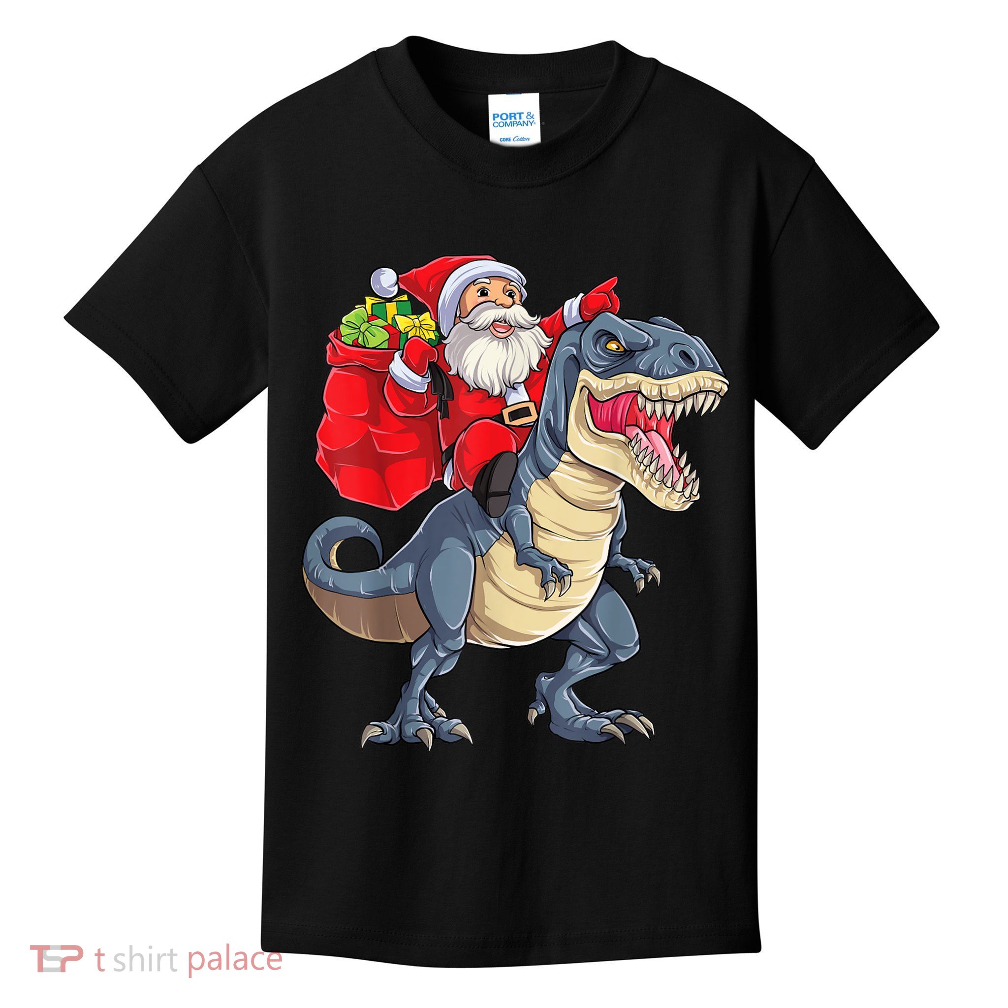 Santa Riding Dinosaur T Rex ChristmasBoys Men Xmas Kids T-Shirt