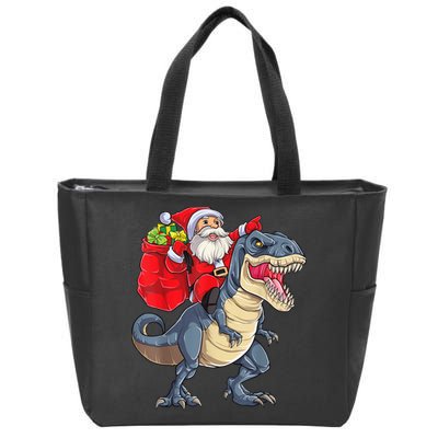 Santa Riding Dinosaur T Rex ChristmasBoys Men Xmas Zip Tote Bag