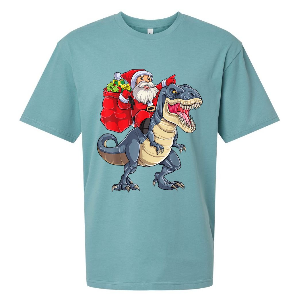 Santa Riding Dinosaur T Rex ChristmasBoys Men Xmas Sueded Cloud Jersey T-Shirt