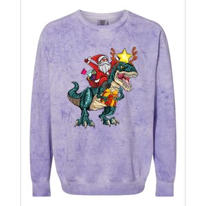 Santa Riding Dinosaur T Rex Christmas Party Boys Xmas Colorblast Crewneck Sweatshirt