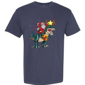 Santa Riding Dinosaur T Rex Christmas Party Boys Xmas Garment-Dyed Heavyweight T-Shirt