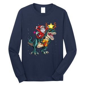 Santa Riding Dinosaur T Rex Christmas Party Boys Xmas Long Sleeve Shirt