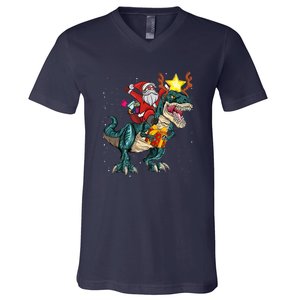 Santa Riding Dinosaur T Rex Christmas Party Boys Xmas V-Neck T-Shirt