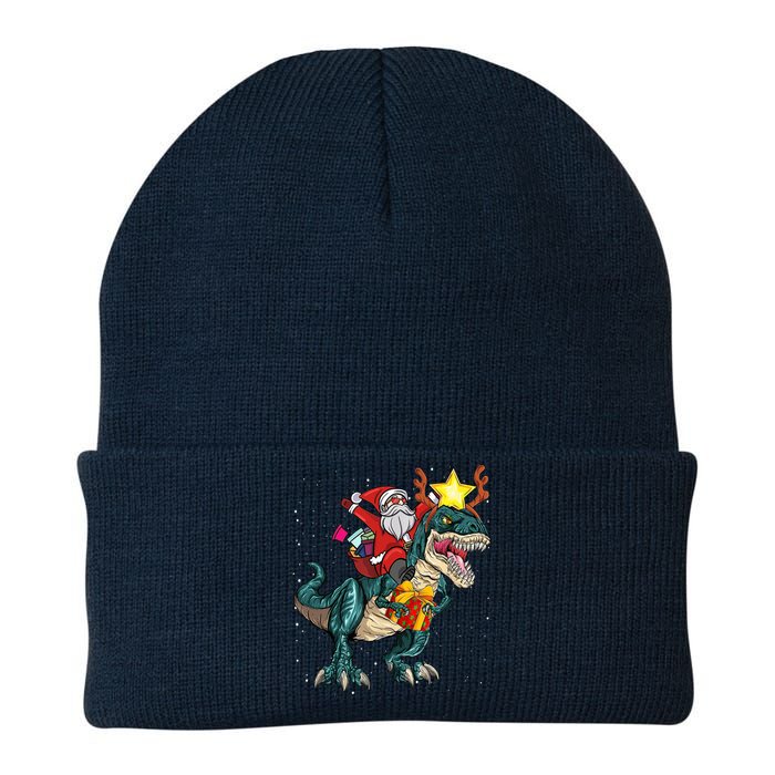 Santa Riding Dinosaur T Rex Christmas Party Boys Xmas Knit Cap Winter Beanie