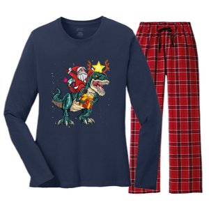 Santa Riding Dinosaur T Rex Christmas Party Boys Xmas Women's Long Sleeve Flannel Pajama Set 