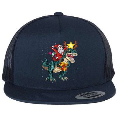 Santa Riding Dinosaur T Rex Christmas Party Boys Xmas Flat Bill Trucker Hat