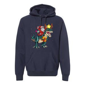 Santa Riding Dinosaur T Rex Christmas Party Boys Xmas Premium Hoodie