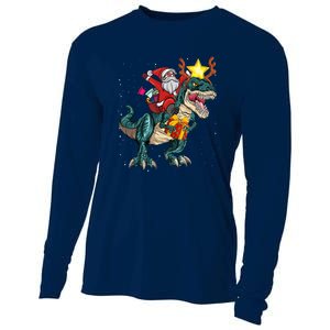 Santa Riding Dinosaur T Rex Christmas Party Boys Xmas Cooling Performance Long Sleeve Crew