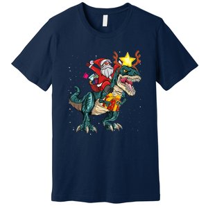 Santa Riding Dinosaur T Rex Christmas Party Boys Xmas Premium T-Shirt