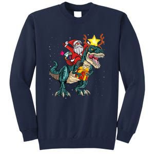 Santa Riding Dinosaur T Rex Christmas Party Boys Xmas Tall Sweatshirt