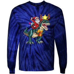 Santa Riding Dinosaur T Rex Christmas Party Boys Xmas Tie-Dye Long Sleeve Shirt