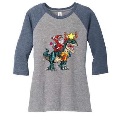 Santa Riding Dinosaur T Rex Christmas Party Boys Xmas Women's Tri-Blend 3/4-Sleeve Raglan Shirt