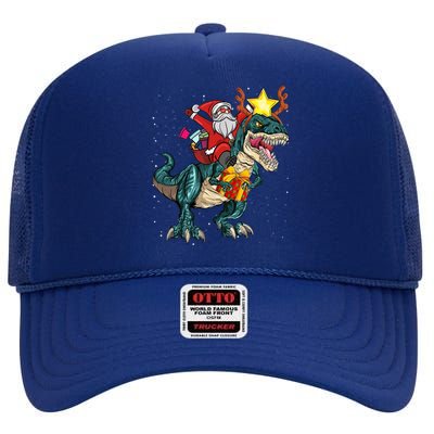 Santa Riding Dinosaur T Rex Christmas Party Boys Xmas High Crown Mesh Back Trucker Hat