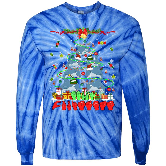 Santa Reindeer Dolphins Xmas Tree Hands Sign Language Gift Tie-Dye Long Sleeve Shirt