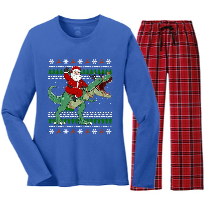 Santa Riding Dino Funny Christmas Ugly Sweater Cool Gift Women's Long Sleeve Flannel Pajama Set 