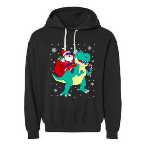 Santa Riding Dinosaur Christmas T Rex Rawr Boy Gift Garment-Dyed Fleece Hoodie