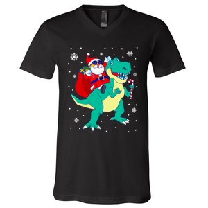 Santa Riding Dinosaur Christmas T Rex Rawr Boy Gift V-Neck T-Shirt