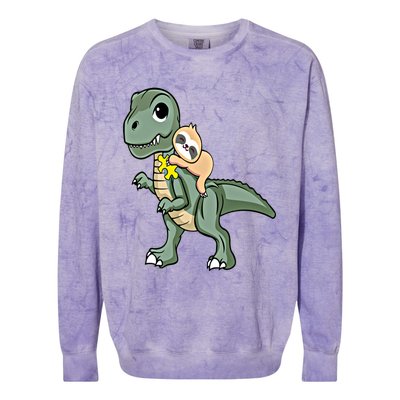 Sloth Riding Dinosaur Autism Awareness Cute Trex Puzzle Gift Colorblast Crewneck Sweatshirt