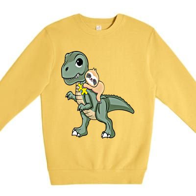 Sloth Riding Dinosaur Autism Awareness Cute Trex Puzzle Gift Premium Crewneck Sweatshirt