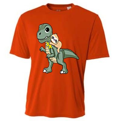 Sloth Riding Dinosaur Autism Awareness Cute Trex Puzzle Gift Cooling Performance Crew T-Shirt